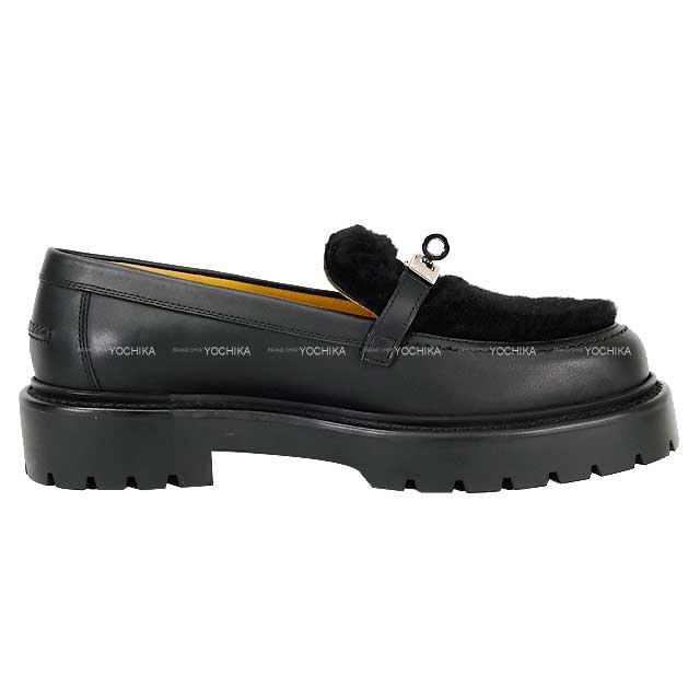 HERMES Moccasins Icon Kellybelt ＃38 Noir (Black) Calf/Shearling  38 Silver HW[BRAND NEW][Authentic]