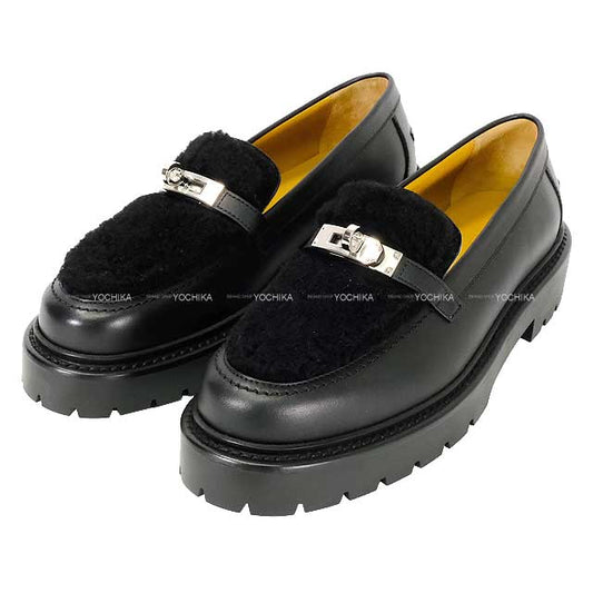 HERMES Moccasins Icon Kellybelt ＃38 Noir (Black) Calf/Shearling  38 Silver HW[BRAND NEW][Authentic]