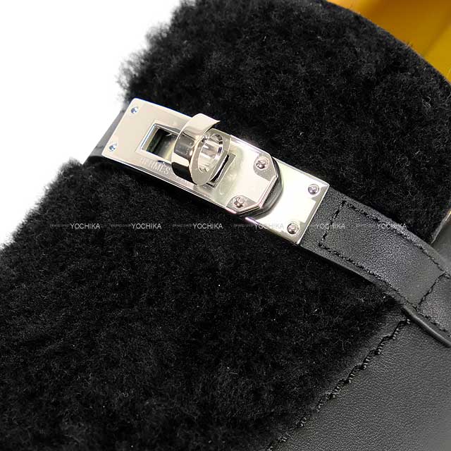 HERMES Moccasins Icon Kellybelt ＃38 Noir (Black) Calf/Shearling  38 Silver HW[BRAND NEW][Authentic]