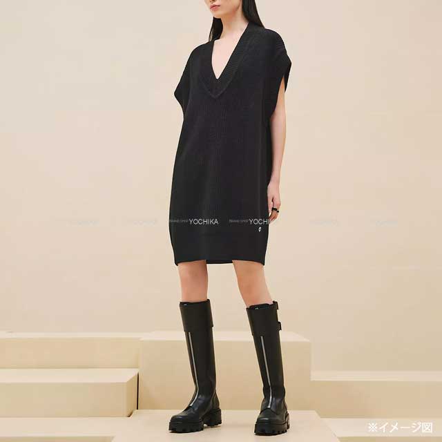 2024AW HERMES One‐piece dress Women's V-Neck Long Knit Vest Sleeveless Dress Noir (Black) Cashmere100% 34 4H2521D1[EXCELLENT][Authentic]