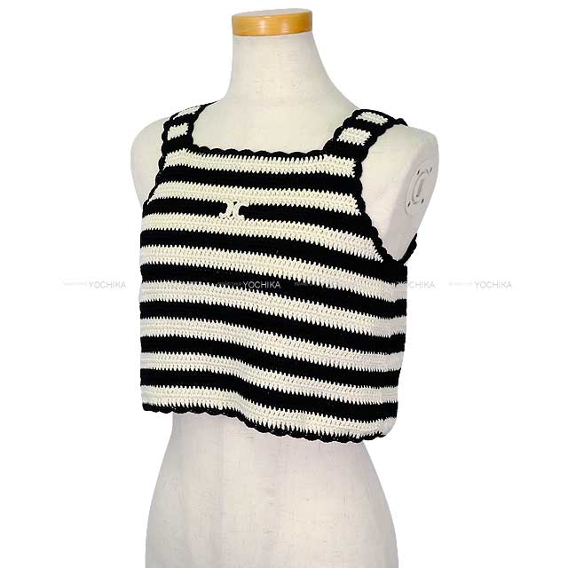 2024SS CELINE Tank top Triomphe Cropped Top Border Noir (Black)/Blanc (White) Cotton S 2AE9R720X.38EC[BRAND NEW][Authentic]