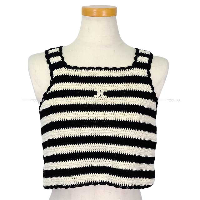 2024SS CELINE Tank top Triomphe Cropped Top Border Noir (Black)/Blanc (White) Cotton S 2AE9R720X.38EC[BRAND NEW][Authentic]