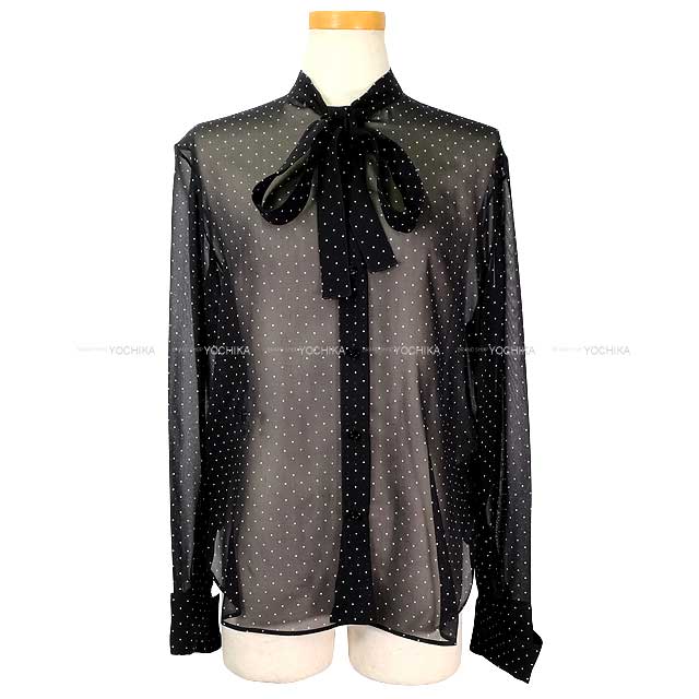 Dior Blouse Ascot ribbon tie dotted pattern sheer Noir (Black) Silk 34 441B59A6176[BRAND NEW][Authentic]