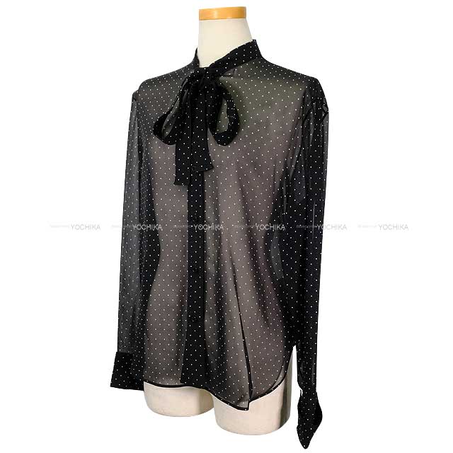 Dior Blouse Ascot ribbon tie dotted pattern sheer Noir (Black) Silk 34 441B59A6176[BRAND NEW][Authentic]