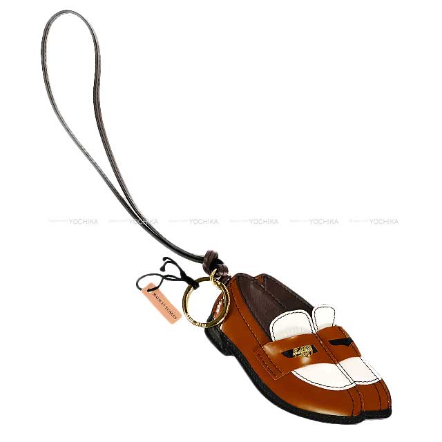 Miu Miu bag charm Penny Loafer leather keychain trick with mirror Cognac/White/Black Calfskin Gold HW 5TL532[BRAND NEW][Authentic]