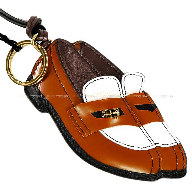 Miu Miu bag charm Penny Loafer leather keychain trick with mirror Cognac/White/Black Calfskin Gold HW 5TL532[BRAND NEW][Authentic]