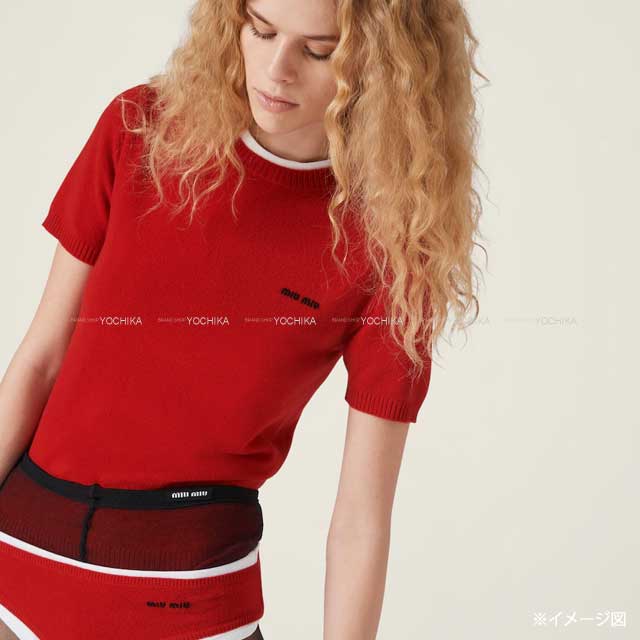 Miu Miu Sweater Short sleeve logo Rouge Red Cashmere 36 MML842[EXCELLENT][Authentic]