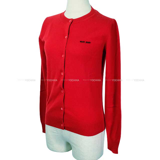 Miu Miu Cardigan Long Sleeve Knit Logo Rouge Red Cashmere 36 MMF787[BRAND NEW][Authentic]