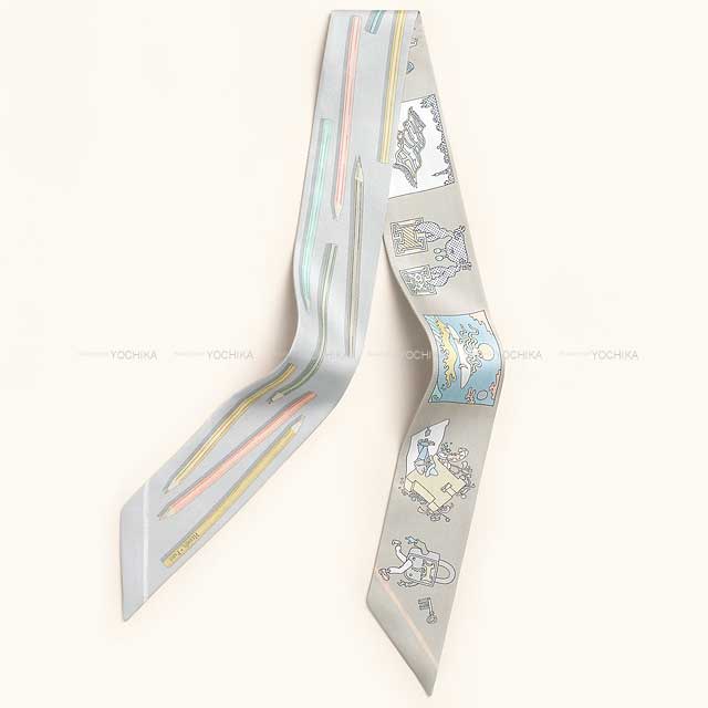 2025 SS HERMES scarf Twilly A Vos Crayons/Carre Libre Gris Perle/Jaune Perle/Green Silk[BRAND NEW][Authentic]