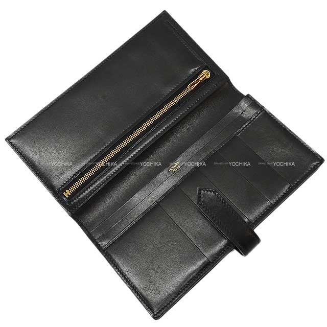 [Pre-loved] HERMES long wallet Bearn Soufflet Noir (Black) Box Calf Gold HW Stamp D[USED AB][Authentic]