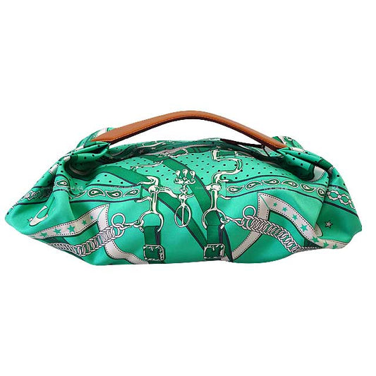 HERMES Handbag Pouch Balusoie La Promenade du Matin Bandana Vert comics/Naturel Silk/Vache Hunter Stamp B[EXCELLENT][Authentic]