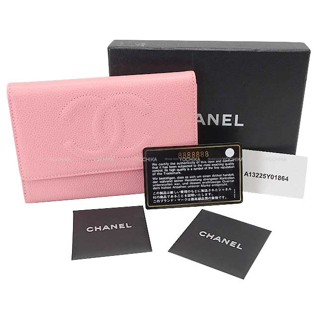 CHANEL Tri-fold wallet Compact Coco Mark 8 matching numbers Pink Graind Calf(Caviarskin) Gold HW A13225[EXCELLENT][Authentic]