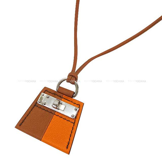 HERMES necklace Monpetitkelly PM Orange/Gold Veau Swift Silver HW[EXCELLENT][Authentic]