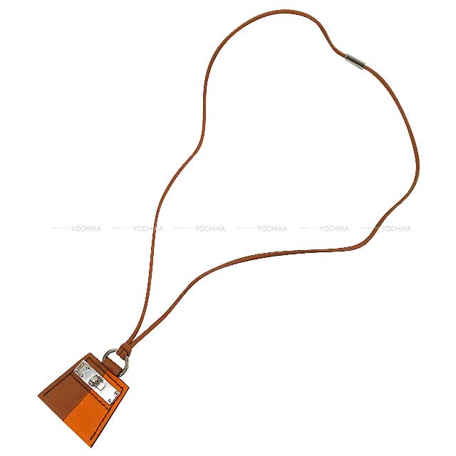 HERMES necklace Monpetitkelly PM Orange/Gold Veau Swift Silver HW[EXCELLENT][Authentic]