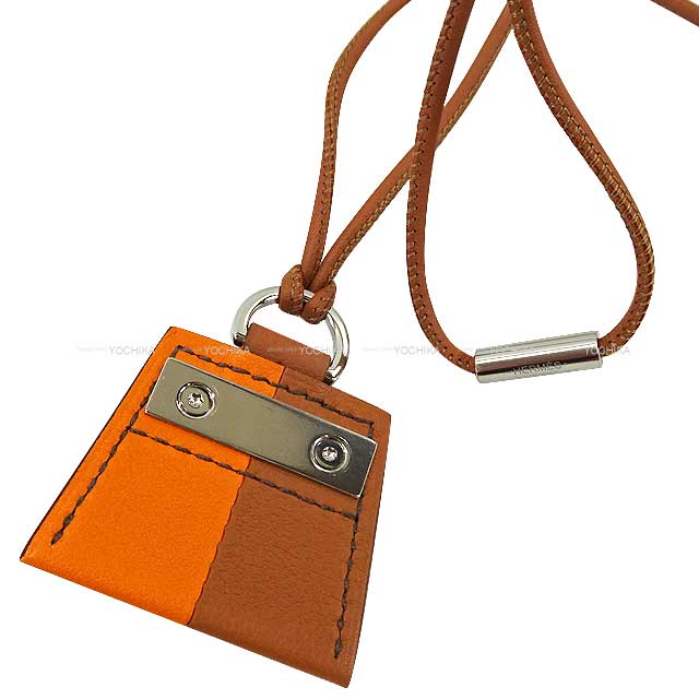 HERMES necklace Monpetitkelly PM Orange/Gold Veau Swift Silver HW[EXCELLENT][Authentic]