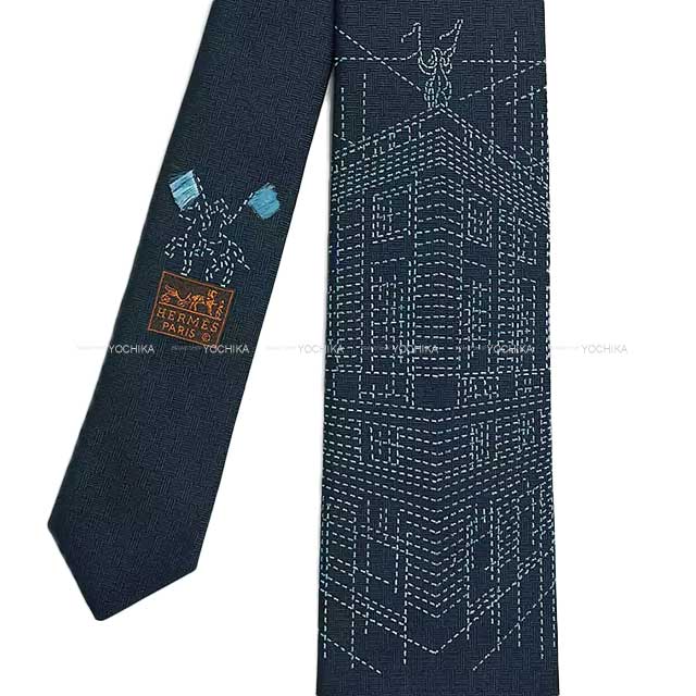 HERMES tie Pique Sellier Marine/Bleu Moyan/Ciel Silk100%[BRAND NEW][Authentic]