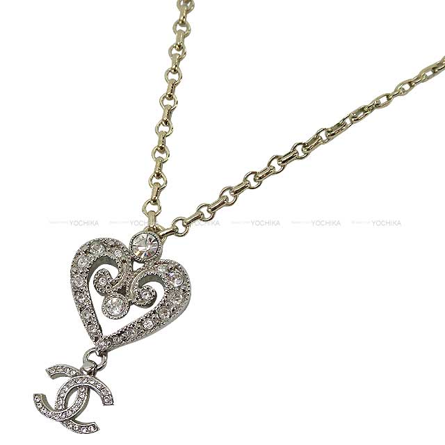 CHANEL necklace Heart COCO Mark Rhinestone Silver Champagne Gold HW ABC145[EXCELLENT][Authentic]