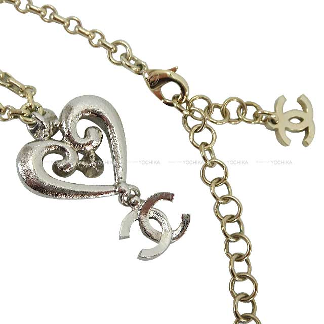 CHANEL necklace Heart COCO Mark Rhinestone Silver Champagne Gold HW ABC145[EXCELLENT][Authentic]