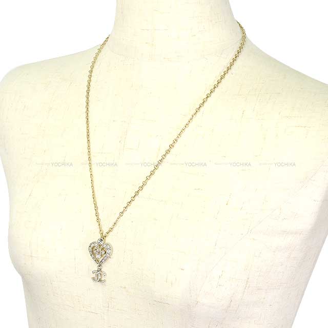 CHANEL necklace Heart COCO Mark Rhinestone Silver Champagne Gold HW ABC145[EXCELLENT][Authentic]