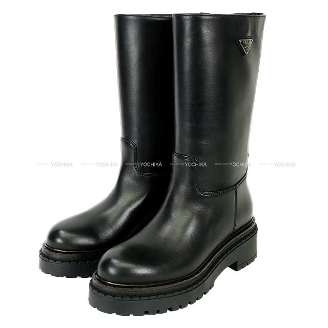 PRADA boots Leather triangle with logo plate Noir (Black) Calf Leather 37 1U635N.UZE_F0002_F_G055[ALMOST NEW][Authentic]