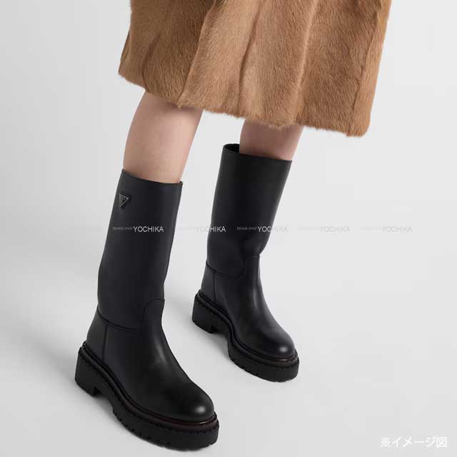 PRADA boots Leather triangle with logo plate Noir (Black) Calf Leather 37 1U635N.UZE_F0002_F_G055[ALMOST NEW][Authentic]