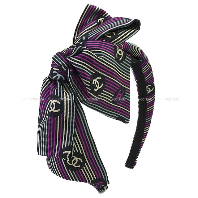 2024 SS Cruise  CHANEL hair accessories Catsuit Coco Mark Striped Ribbon Headband Black/White/Purple Silk[EXCELLENT][Authentic]