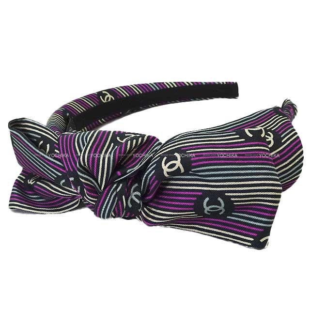 2024 SS Cruise  CHANEL hair accessories Catsuit Coco Mark Striped Ribbon Headband Black/White/Purple Silk[EXCELLENT][Authentic]