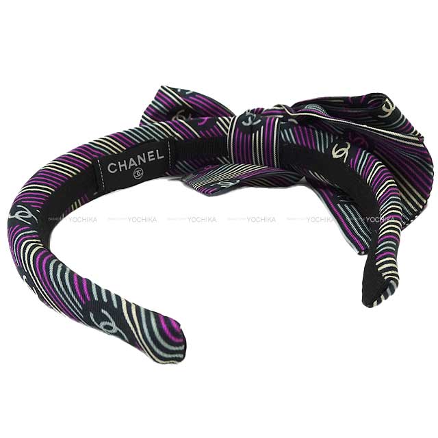 2024 SS Cruise  CHANEL hair accessories Catsuit Coco Mark Striped Ribbon Headband Black/White/Purple Silk[EXCELLENT][Authentic]