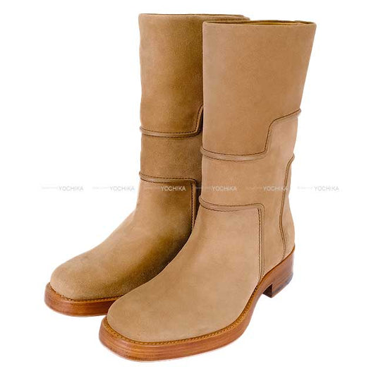 HERMES boots Ladies Short Biker H Logo #37.5 Beige Suede 37.5[EXCELLENT][Authentic]