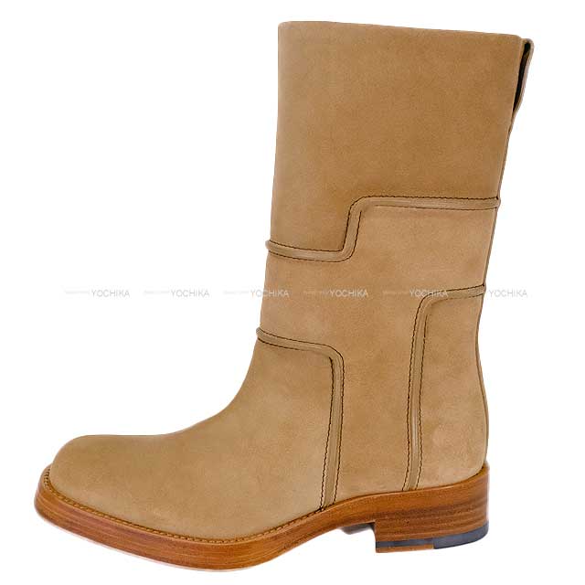 HERMES boots Ladies Short Biker H Logo #37.5 Beige Suede 37.5[EXCELLENT][Authentic]