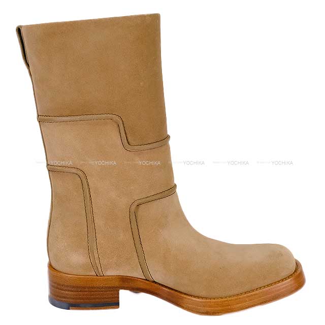 HERMES boots Ladies Short Biker H Logo #37.5 Beige Suede 37.5[EXCELLENT][Authentic]