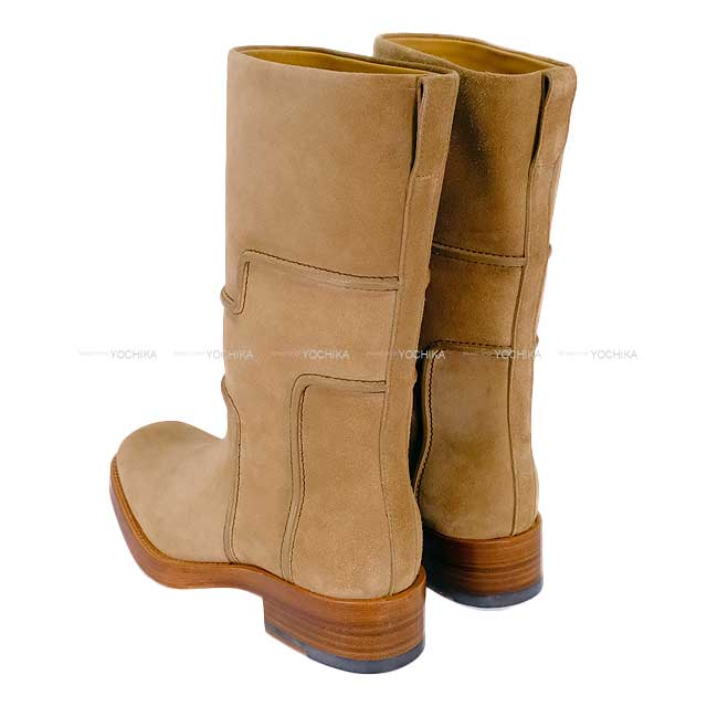 HERMES boots Ladies Short Biker H Logo #37.5 Beige Suede 37.5[EXCELLENT][Authentic]