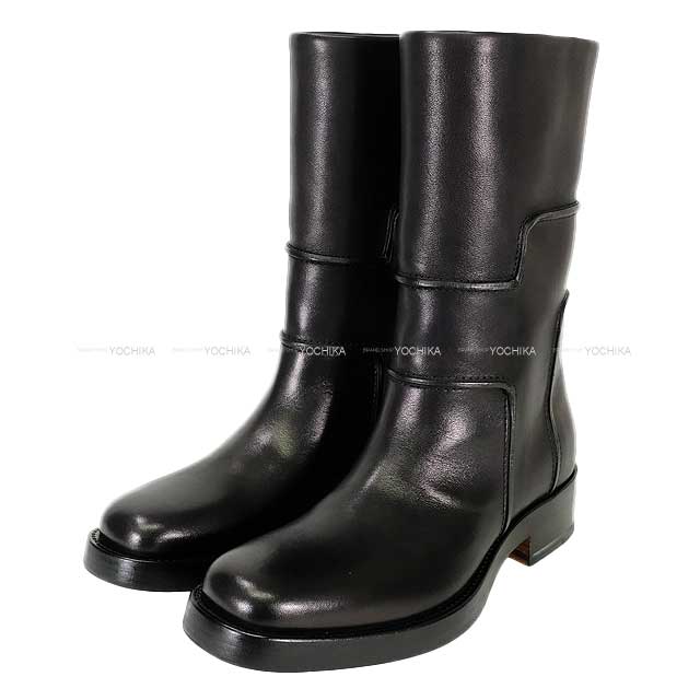 HERMES boots Ladies Short Biker H Logo #37.5 Noir (Black) Calf 37.5[EXCELLENT][Authentic]