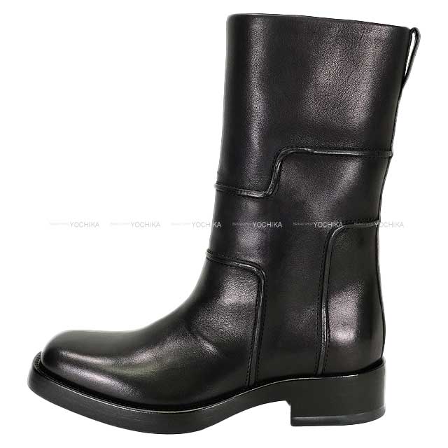 HERMES boots Ladies Short Biker H Logo #37.5 Noir (Black) Calf 37.5[EXCELLENT][Authentic]