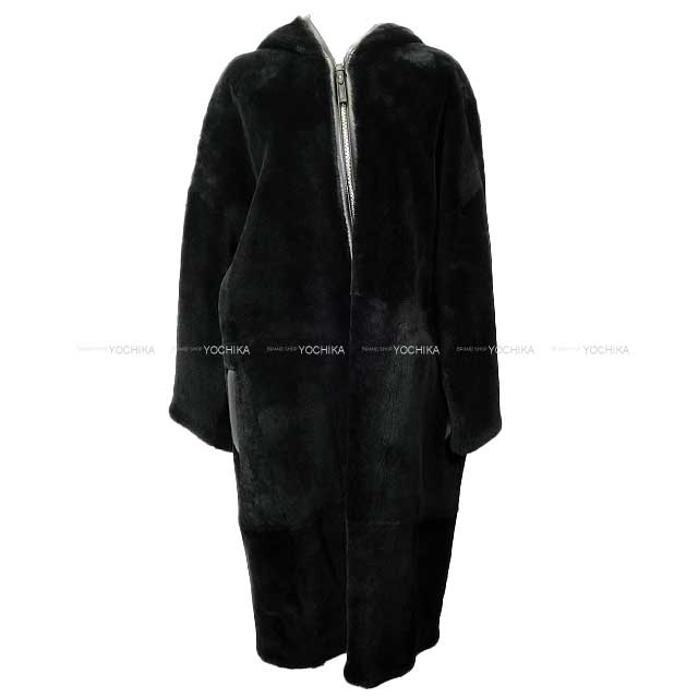 HERMES Women's Mouton Long Coat Hoodie Noir (Black) Lambskin 40 4H1126D5[BRAND NEW][Authentic]