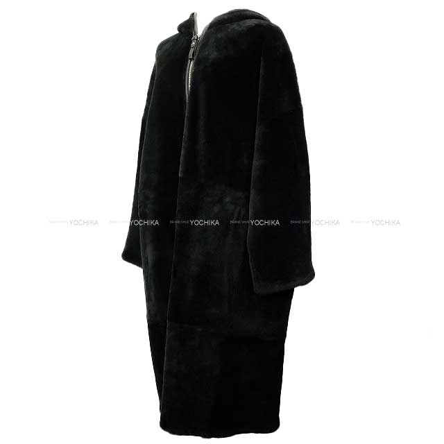 HERMES Women's Mouton Long Coat Hoodie Noir (Black) Lambskin 40 4H1126D5[BRAND NEW][Authentic]