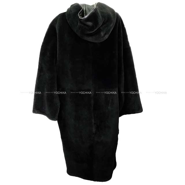 HERMES Women's Mouton Long Coat Hoodie Noir (Black) Lambskin 40 4H1126D5[BRAND NEW][Authentic]