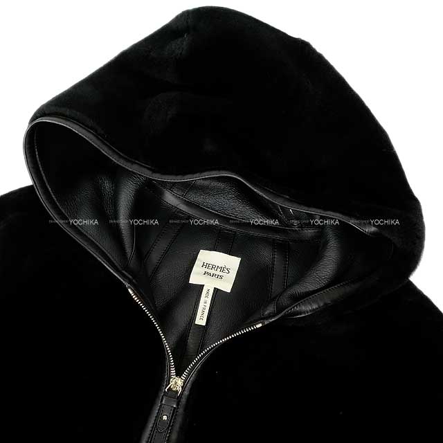 HERMES Women's Mouton Long Coat Hoodie Noir (Black) Lambskin 40 4H1126D5[BRAND NEW][Authentic]