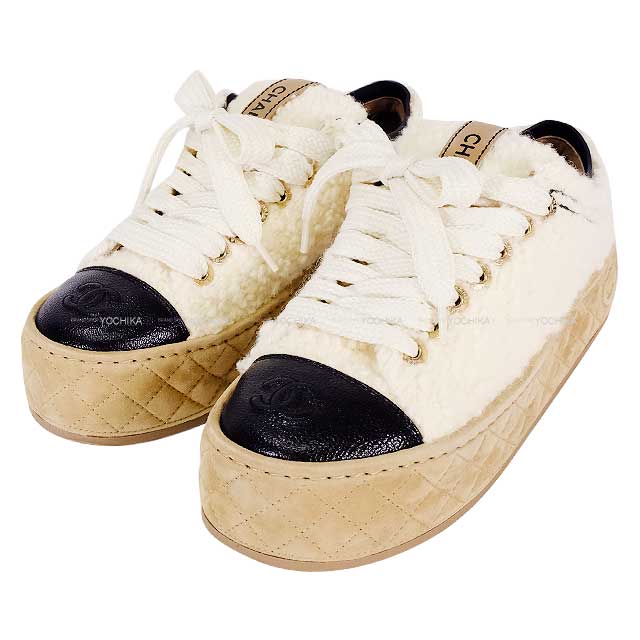 [Pre-loved] 2022 CHANEL sneakers Fabric Logo White/Black/Beige Fabric/Shiny calfskin #37 G39105[LIKE NEW][Authentic]