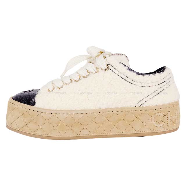 [Pre-loved] 2022 CHANEL sneakers Fabric Logo White/Black/Beige Fabric/Shiny calfskin #37 G39105[LIKE NEW][Authentic]