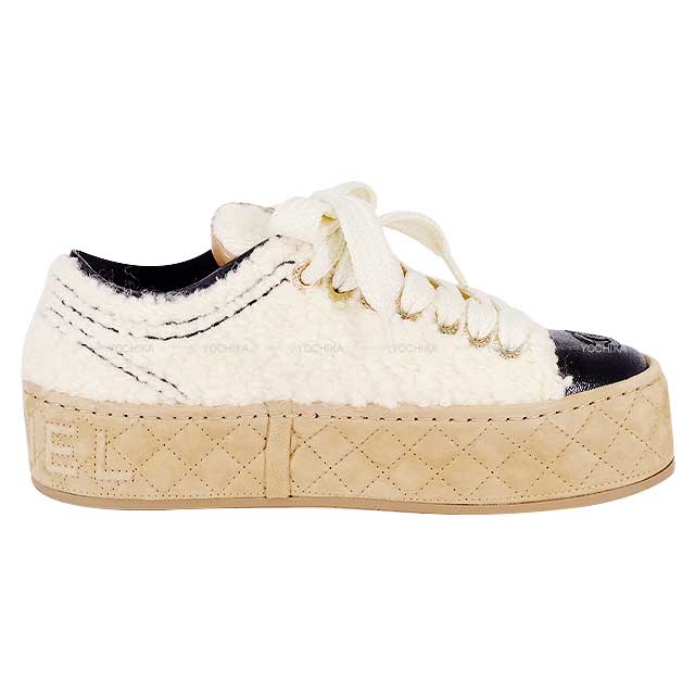 [Pre-loved] 2022 CHANEL sneakers Fabric Logo White/Black/Beige Fabric/Shiny calfskin #37 G39105[LIKE NEW][Authentic]