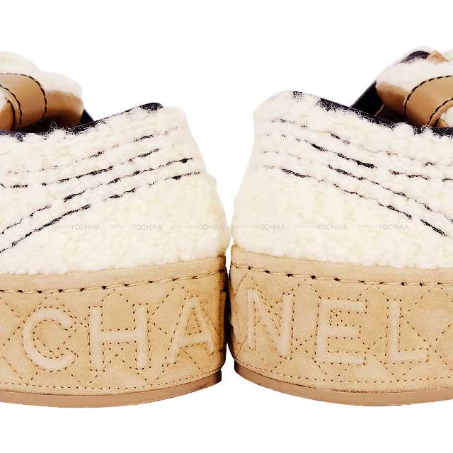 [Pre-loved] 2022 CHANEL sneakers Fabric Logo White/Black/Beige Fabric/Shiny calfskin #37 G39105[LIKE NEW][Authentic]