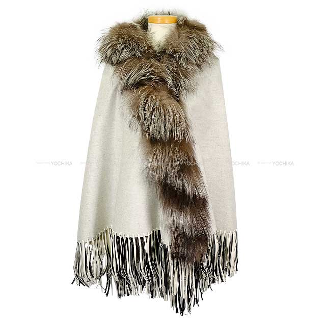 FENDI Poncho Fringe Cape Coat Fur Stole Ivory Cashmere/Fox/Lambskin FVG494[EXCELLENT][Authentic]