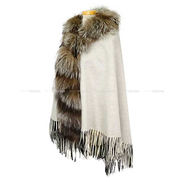 FENDI Poncho Fringe Cape Coat Fur Stole Ivory Cashmere/Fox/Lambskin FVG494[EXCELLENT][Authentic]