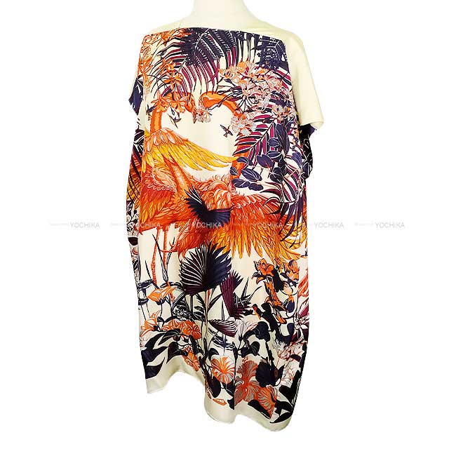 HERMES Tunic Women's Sleeveless Twillaine Flamingo Party Ivory/Orange Silk #42 720648D33L[EXCELLENT][Authentic]