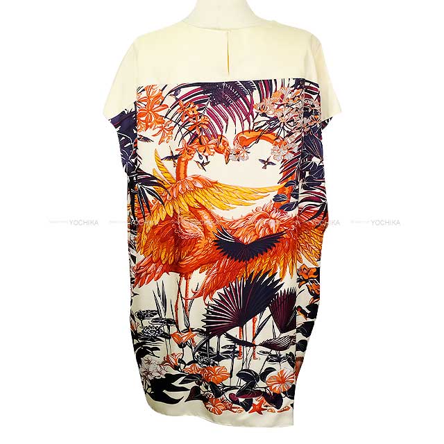 HERMES Tunic Women's Sleeveless Twillaine Flamingo Party Ivory/Orange Silk #42 720648D33L[EXCELLENT][Authentic]