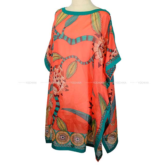 HERMES Tunic Women's Kaftan Dress Le Jardin de la Maharani Rose sorbet Silk #42[EXCELLENT][Authentic]