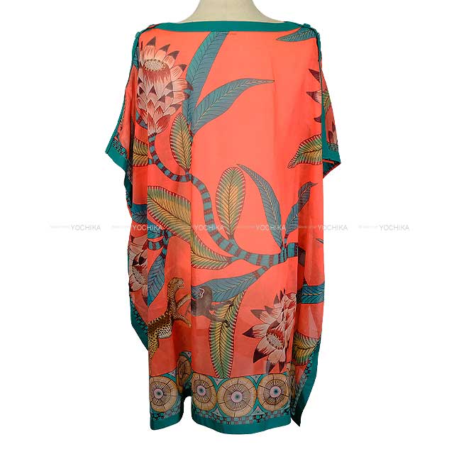 HERMES Tunic Women's Kaftan Dress Le Jardin de la Maharani Rose sorbet Silk #42[EXCELLENT][Authentic]