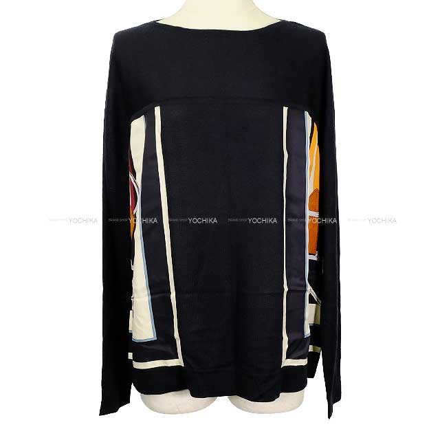 [Pre-loved] HERMES Knit Women's Twillaine Long Sleeve Tartan Marine Cashmere/Silk #42[LIKE NEW][Authentic]