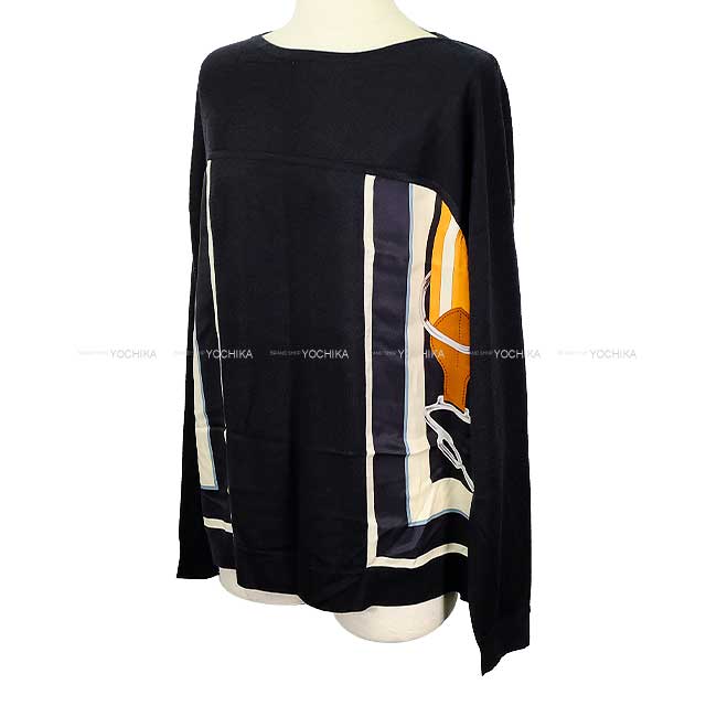 [Pre-loved] HERMES Knit Women's Twillaine Long Sleeve Tartan Marine Cashmere/Silk #42[LIKE NEW][Authentic]